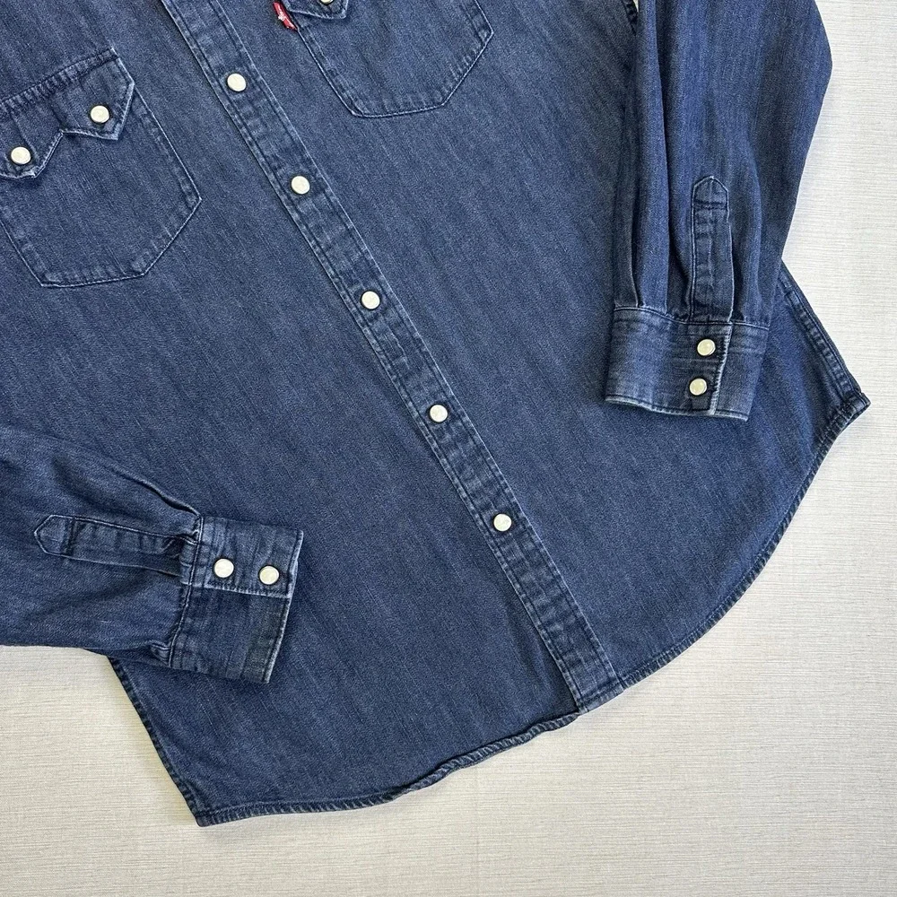 Levis Denim Shirt Modern Fit Sawtooth Pearl Snap Men M Dark Blue Western Rancher